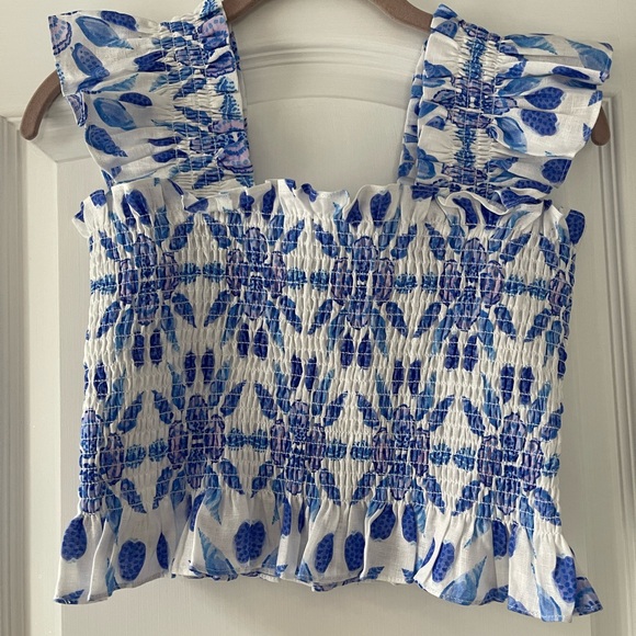 Hill House Home Linen Cropped Naz Nap Top in Blue Shell Mosaic Size M Coastal - Picture 4 of 7